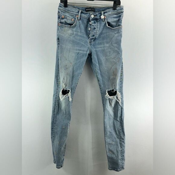 Purple Ripped Distressed Paint Spatter Skinny Jeans- Size 33" x 32" - Picture 1 of 16